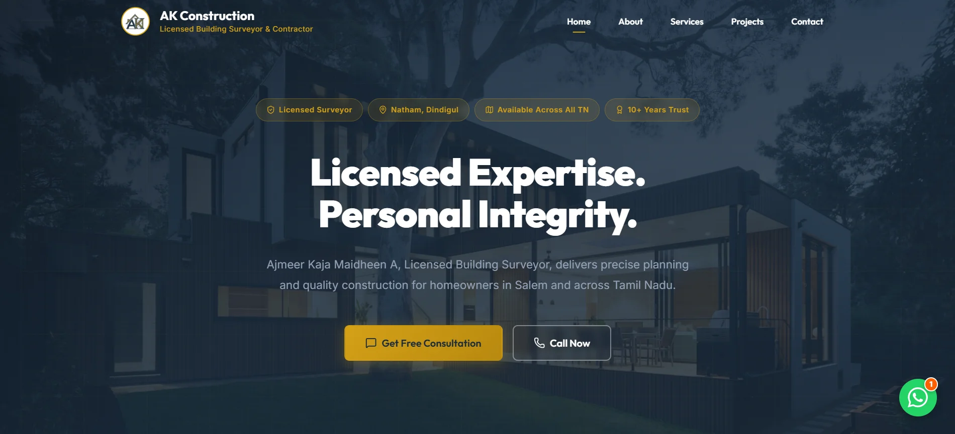 AK Construction website — built by Safr Labs Tamil Nadu